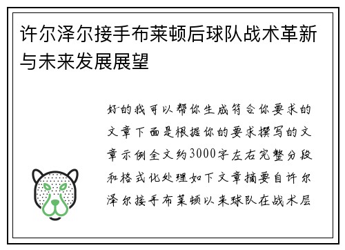 许尔泽尔接手布莱顿后球队战术革新与未来发展展望