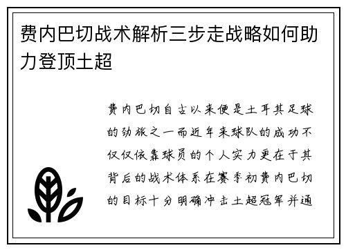 费内巴切战术解析三步走战略如何助力登顶土超