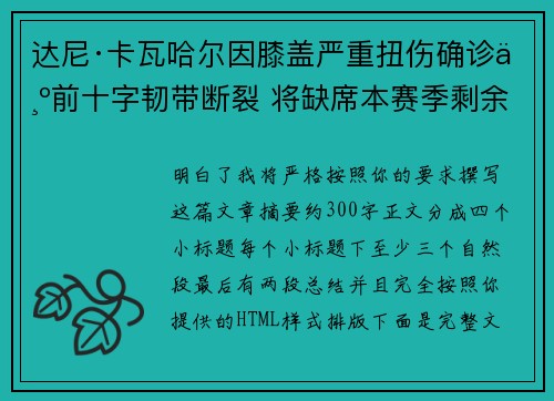 达尼·卡瓦哈尔因膝盖严重扭伤确诊为前十字韧带断裂 将缺席本赛季剩余所有比赛