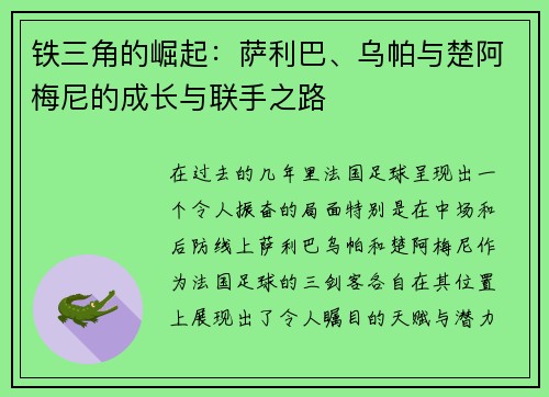 铁三角的崛起：萨利巴、乌帕与楚阿梅尼的成长与联手之路